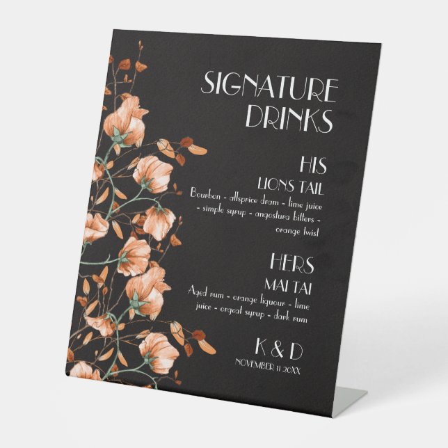 Signe De Table Signature Boissons Noir Brûlé Orange Floral Mariag (Recto)