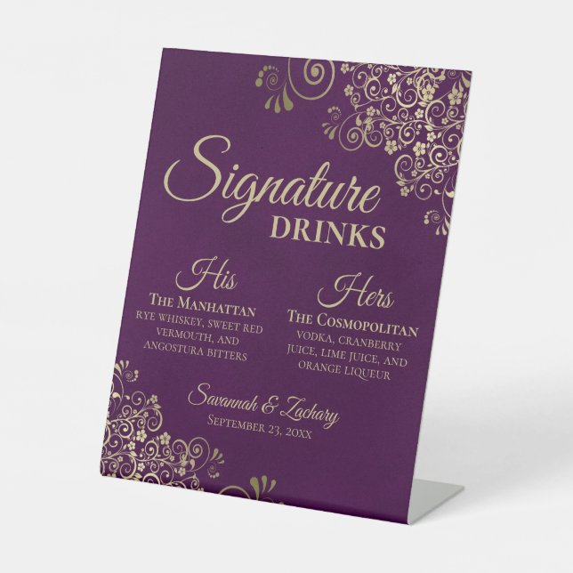 Signe De Table Signature Boissons Plum Purple & Gold Bar Mariage (Recto)