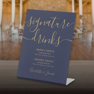 Signe De Table Signature Mariage Bleu Marine Et Script Or Boisson