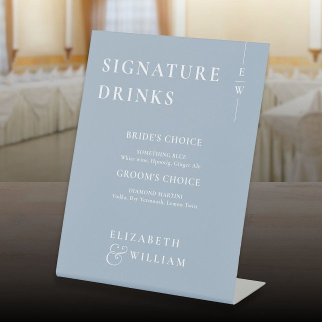 Signe De Table Signature Monogramme Dusty Blue Minimalist Boisson (Dusty Blue Minimalist Monogram Signature Drinks Pedestal Sign)