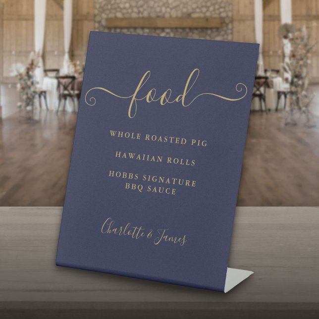 Signe De Table Signature Script Marine Blue And Gold Food Menu (Signature Script Navy Blue And Gold Food Menu Pedestal Sign)