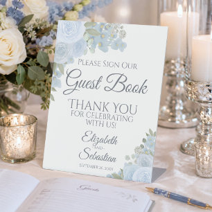 Signe De Table Signez Notre Livre d'Or Bleu Poussiéreux Boho Flor