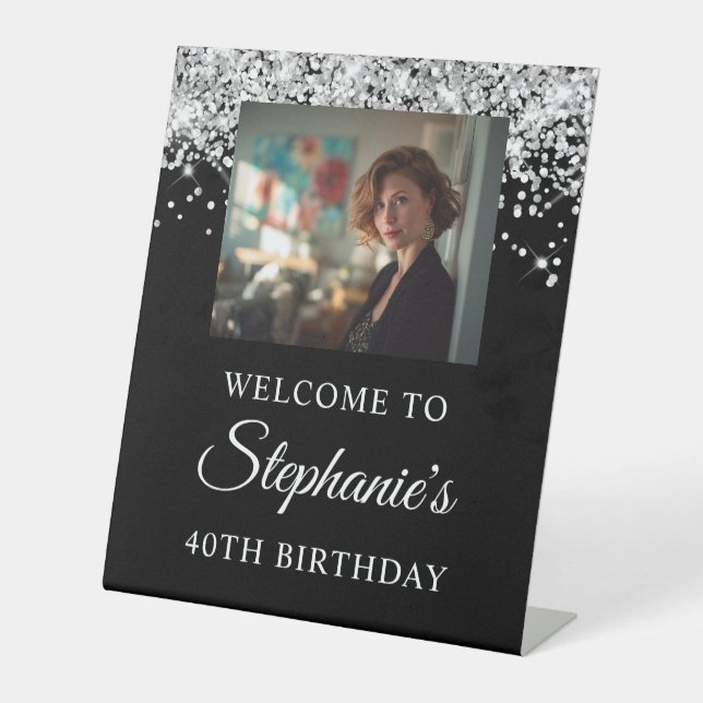 Signe De Table Silver Glitter Black Photo 40th Birthday (Recto)