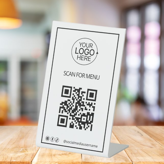 Signe De Table Simple QR Code Logo Contact Menu Social Media (Simple QR Code Logo Contactless Menu Social Media Pedestal Sign)
