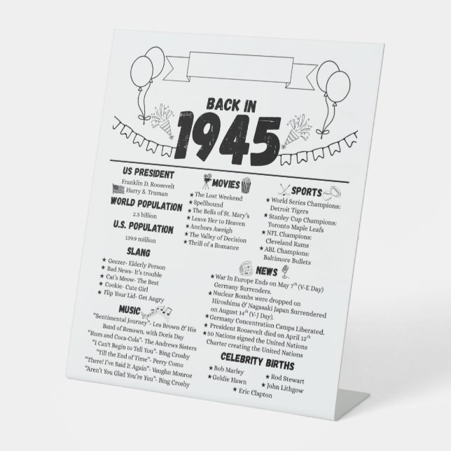 Signe De Table Souvenirs d'anniversaire de 1945 (Recto)
