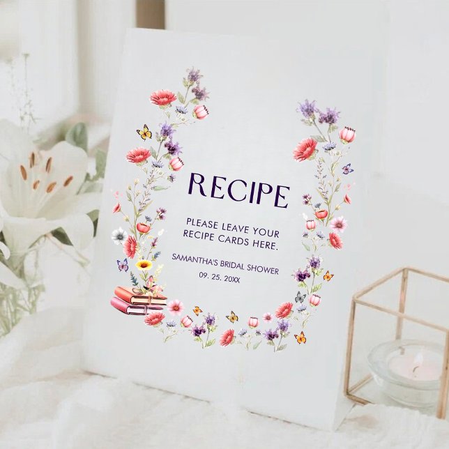Signe De Table Storybook Wildflower Bridal Shower Recipe (Storybook wildflower bridal shower recipe sign with watercolor florals and boho charm.)