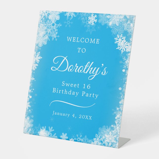Signe De Table Sweet 16 Anniversaire Snowflake Blue Welcome (Recto)