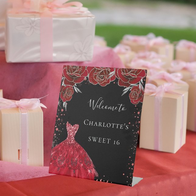 Signe De Table Sweet 16 fleurs de robe rouge noir bienvenue (Créateur téléchargé)