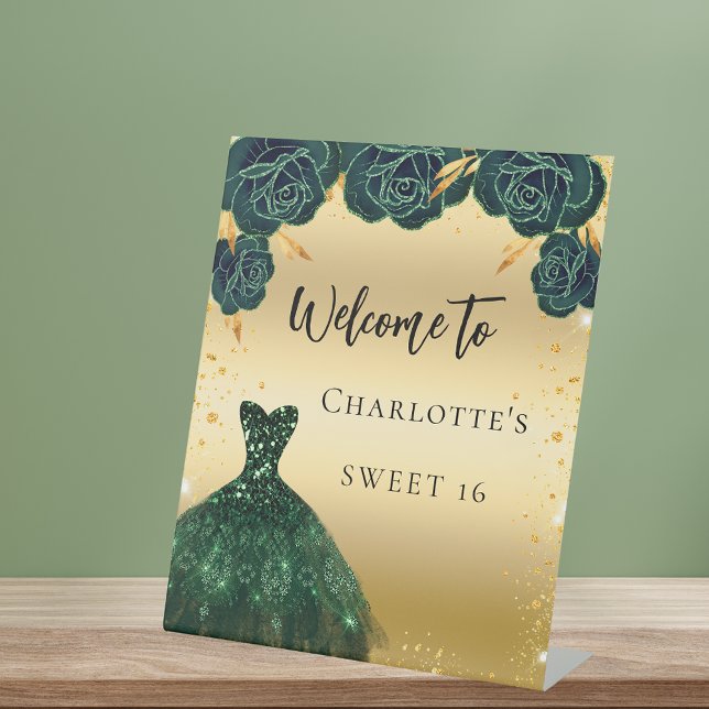 Signe De Table Sweet 16 fleurs de robe verte or bienvenue (Créateur téléchargé)