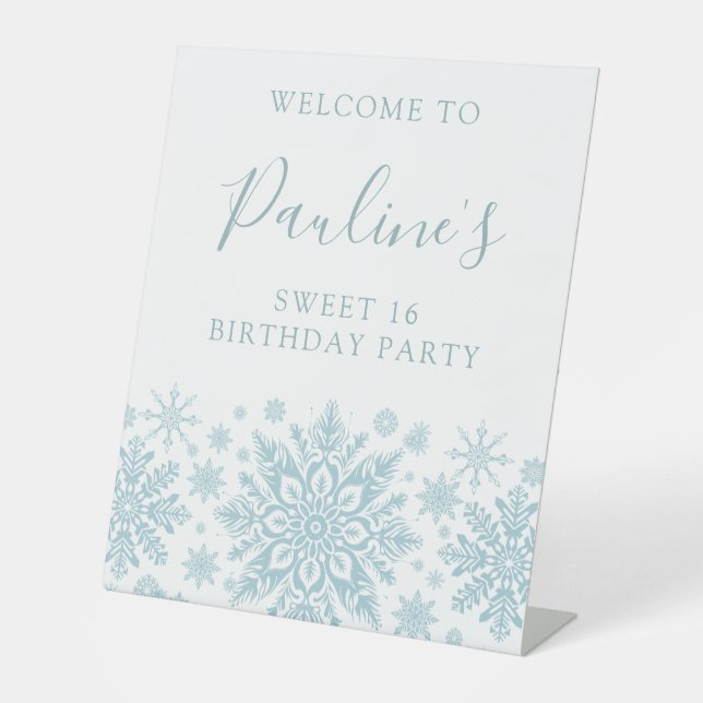 Signe De Table Sweet 16 Party Blue White Snowflake Bienvenue (Recto)