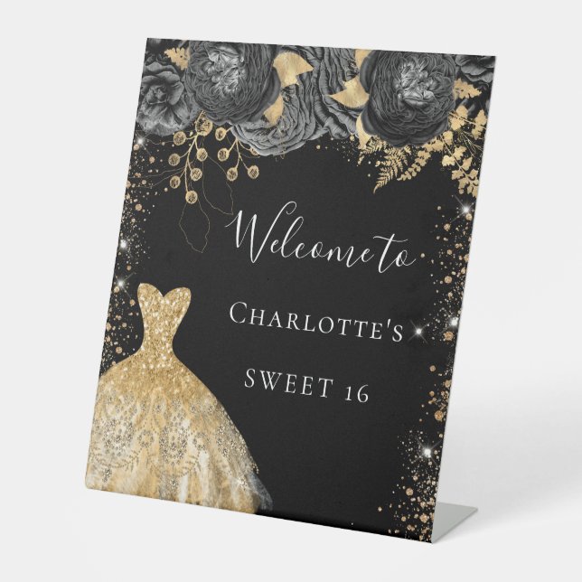 Signe De Table Sweet 16 robe or noir accueil fleuri (Recto)