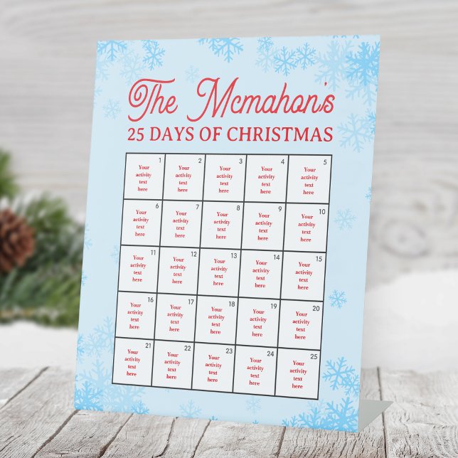 Signe De Table Sweet Snowflake 25 Jours d'activité de Noël (25 Days of Christmas Holiday Activity Pedestal Sign. Blue Snowflake Design, Other Designs Available)