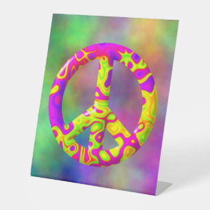 Signe De Table Symbole de Paix psychédélique rose jaune 3D sur Pl