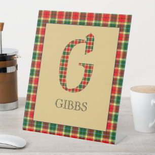 Signe De Table Symbole de piédestal Gibbs Tartan Monogram G