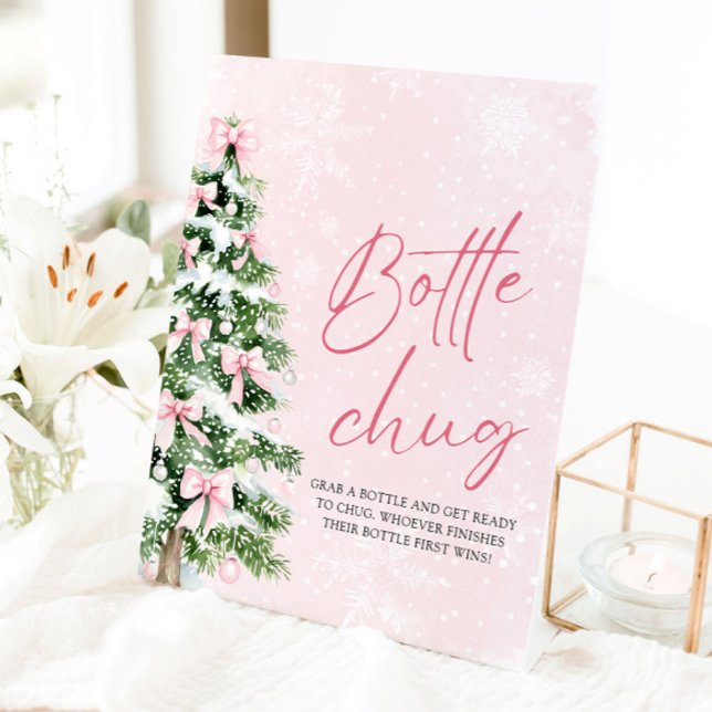 Signe De Table Symbole du Baby shower de Noël des vaches (Pink Bows Christmas Tree Baby Shower Bottle Chug Sign)