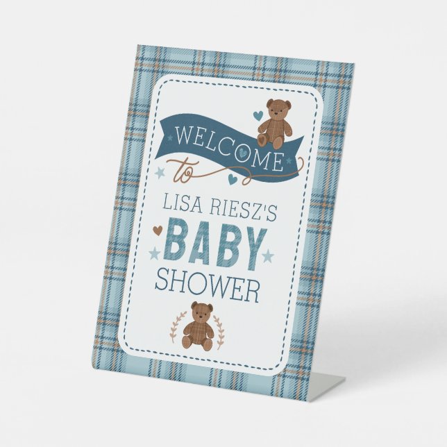 Signe De Table Tartan Teddy Bear Baby Shower Custom Pedestal Sign (Recto)