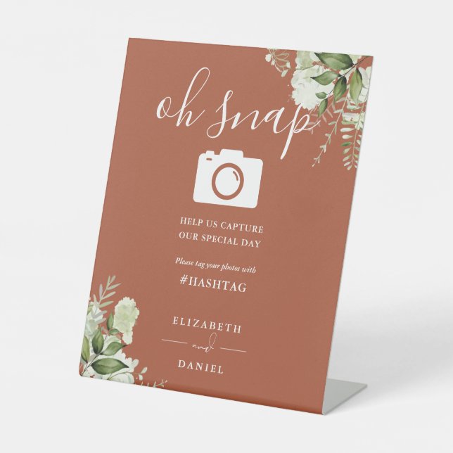Signe De Table Terracotta Vert Floral Script Oh Snap Photo (Recto)