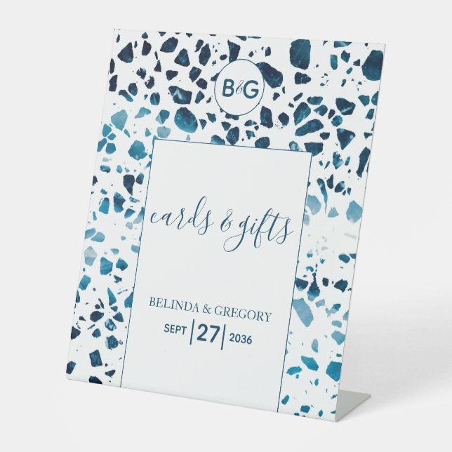 Signe De Table Terrazzo Mosaic Blue Wedding Cartes & Cadeaux (Recto)