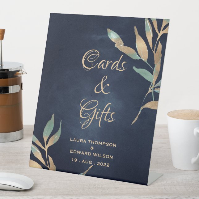 Signe De Table Texture bleu marine profonde avec feuille de feuil (In SItu)