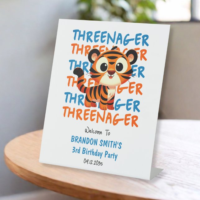 Signe De Table Tiger Trois Jeune Garçon 3e anniversaire fête Bien (Tiger Threenager Boy 3rd Birthday Party Welcome Pedestal Sign
)