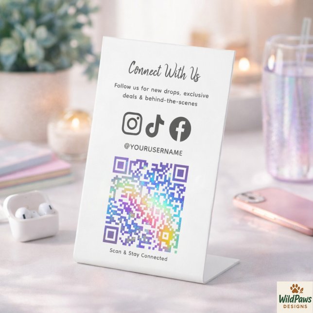 Signe De Table Trendy Holographic QR Code | Connect With Us  (Trendy Holographic QR Code | Connect With Us Pedestal Sign
)
