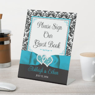 Signe De Table Turquoise, Noir Damask Love Hearve Mariage