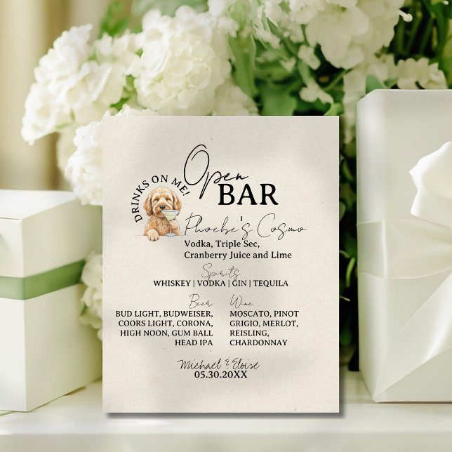 Signe De Table Un chien Mariage Signature Boire Ouvrir la barre (Accent your open bar with this One Dog Wedding Signature Drink Open Bar Pedestal Sign!)