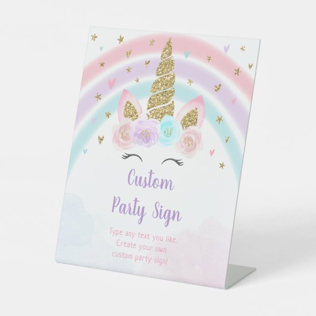 Signe De Table Unicorn Arc-en-ciel modifiable Anniversaire (Recto)