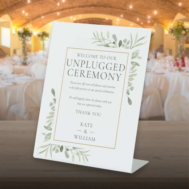 Signe De Table Unplugged Ceremony Greenery Mariage (Unplugged Ceremony Greenery Wedding Pedestal Sign)