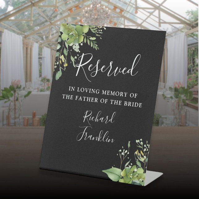 Signe De Table Végétation Noir Blanc Mémoire Réservée Au Mariage (Greenery Black White Memory Reserved For Wedding Pedestal Sign)