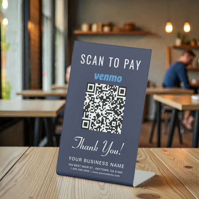 Signe De Table Venmo QR Code Scan to Pay Blue Business (Venmo QR Code Scan to Pay Blue Business Pedestal Sign)