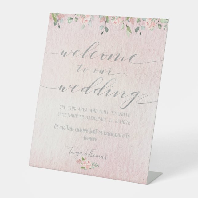 Signe De Table Verdure Blush & Silver Fancy Calligraphy Bienvenue (Recto)