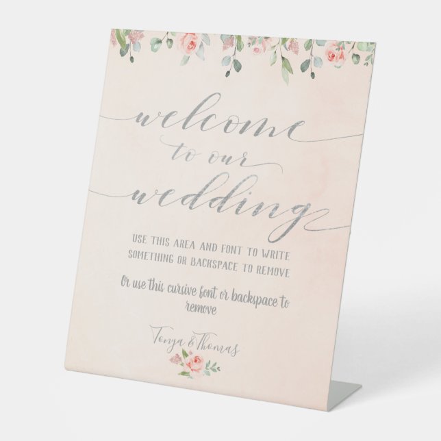 Signe De Table Verdure Blush & Silver Fancy Calligraphy Bienvenue (Recto)