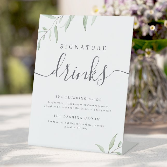 Signe De Table Verdure minimaliste Mariage rustique Signature Boi (Minimal greenery rustic Wedding Signature Drinks Pedestal Sign)