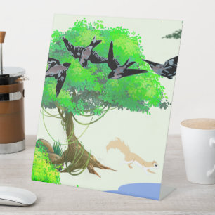 Signe De Table Vie forestière printanière avec oiseaux et écureui