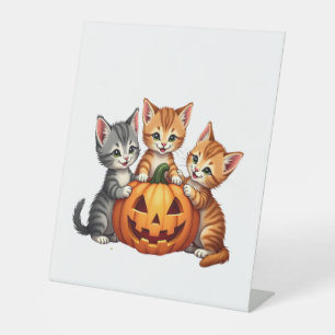Signe De Table Vintage 90s Chat Citrouille Halloween rétro floral