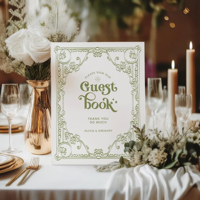 Signe De Table Vintage Olive Green Mariage livre d'hôte (Créateur téléchargé)