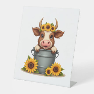 Signe De Table Vintage Sunflower Highland Cow in Bucket Floral Fa