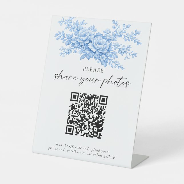 Signe De Table Wedding QR Code Sign Blue Floral Share Photos (Recto)
