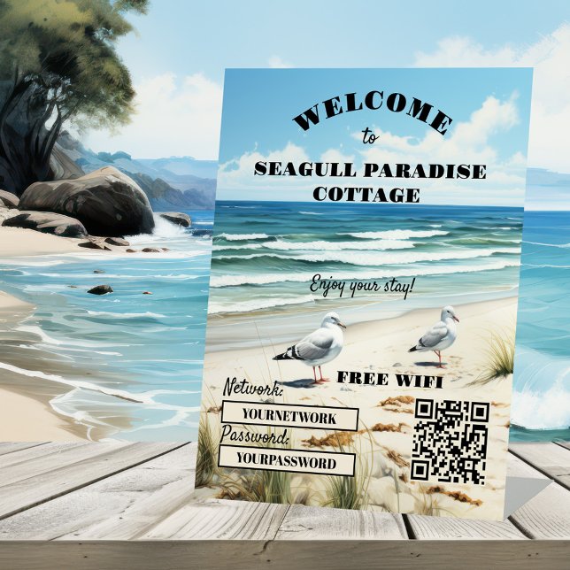 Signe De Table Welcome Beach House WiFi QR Code Entreprise (Beach house rental tabletop sign template featuring a painting of two seagulls on a beach with dunes)
