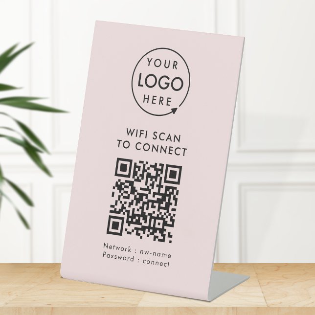 Signe De Table Wi-Fi de code QR | Pink Business Logo Connexion In (Company branded WiFi tabletop signs with QR code, connecting users seamlessly to your Wi-Fi.)