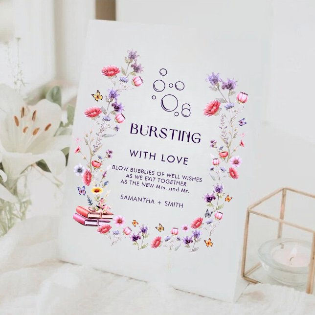 Signe De Table Wildflower Lavender Bursting with Love Bridal  (Romantic wildflower “Bursting with Love” sign for a dreamy bridal shower display.)