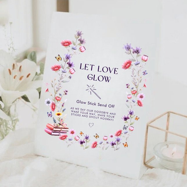 Signe De Table Wildflower Lavender Let Love Glow Bridal Shower (Romantic wildflower “Let Love Glow” sign for an elegant bridal shower.)