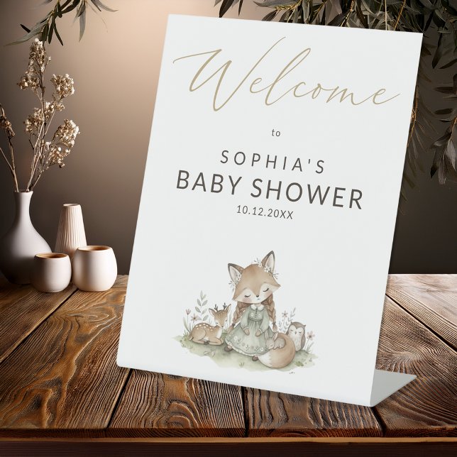 Signe De Table Woodland Fox Girl Baby Shower Welcome (Créateur téléchargé)
