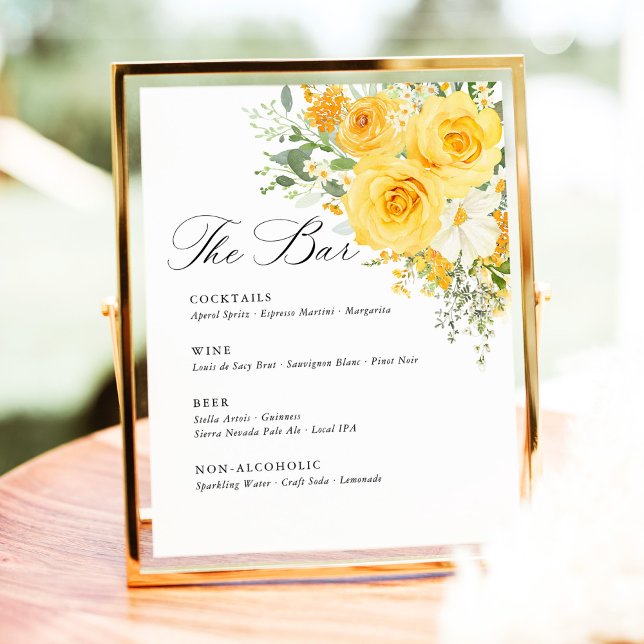 Signe De Table Yellow Floral Rose Wedding Bar Menu (Yellow rose floral wedding bar sign, drink menu wedding sign, yellow wedding stationery outdoor sign)
