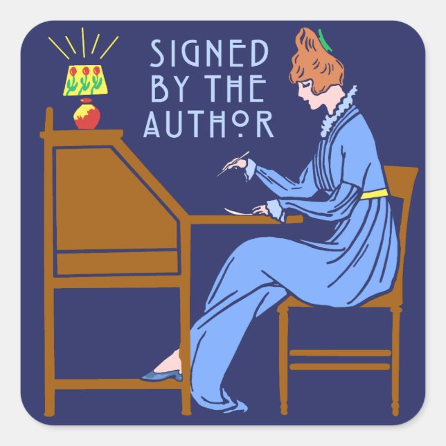 Signed By the Author Book Signing Lady in Blue Square Sticker (Front)