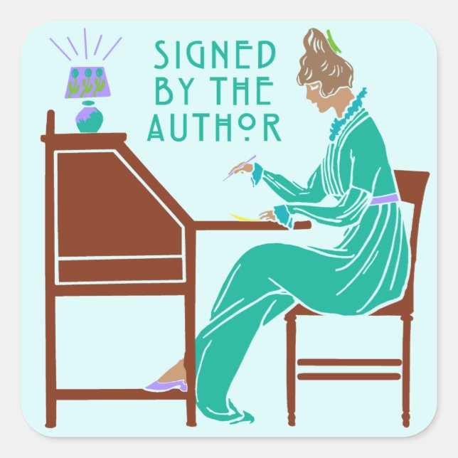 Signed By the Author Book Signing Lady in Teal Square Sticker (Front)