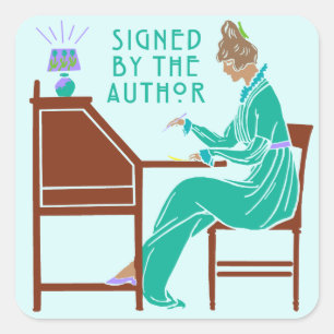 Signed By the Author Book Signing Lady in Teal Square Sticker