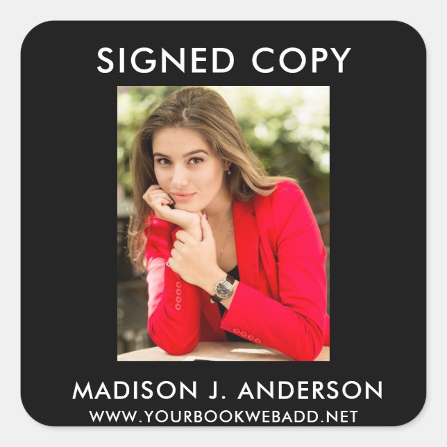 Signed Copy Author Writer Photo Web Black Square Sticker (Front)