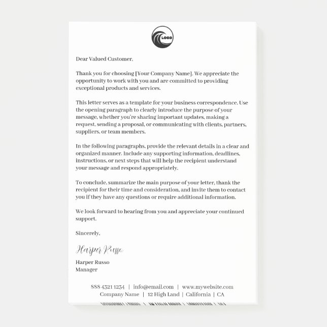 Signed Letterhead | Post-it Notes Logo Branded  (Front)